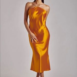 Satin orange midi halter dress